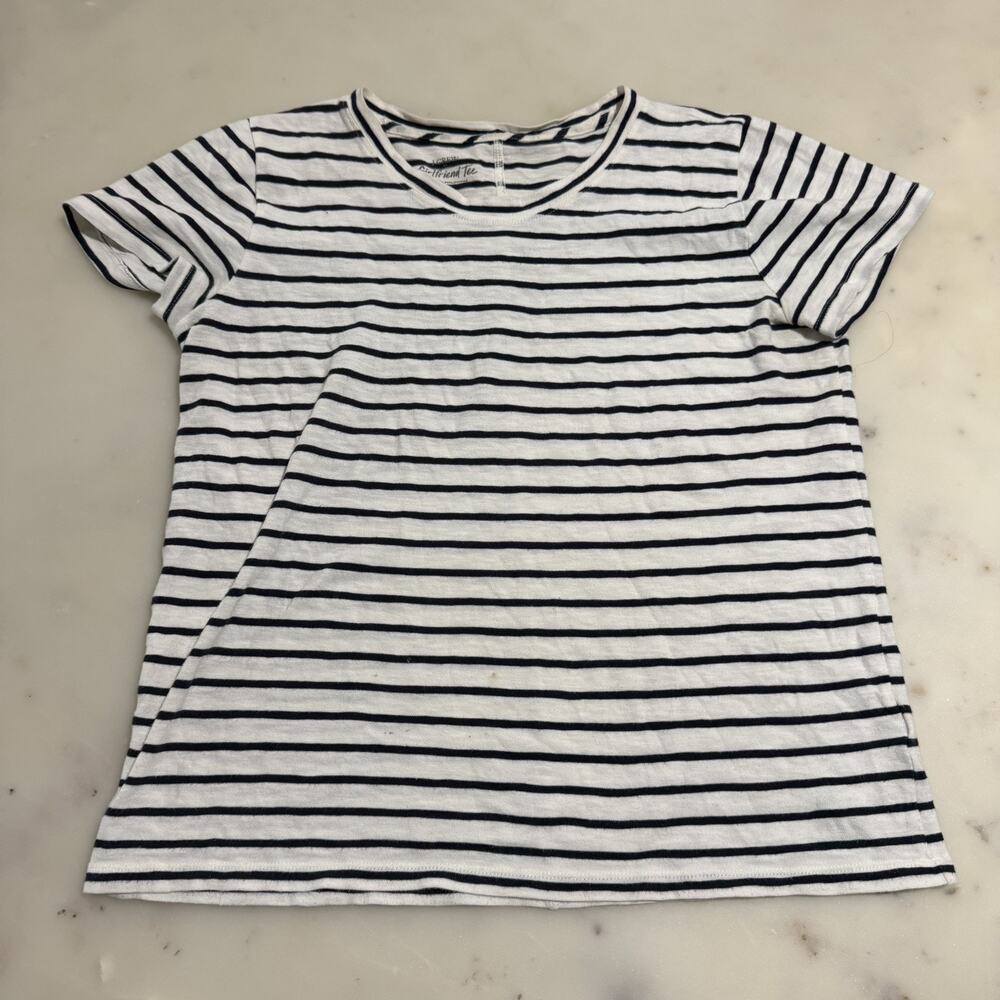 J Crew Girlfriend Tee Womens Small Navy Blue White Striped Cotton Casual Classic